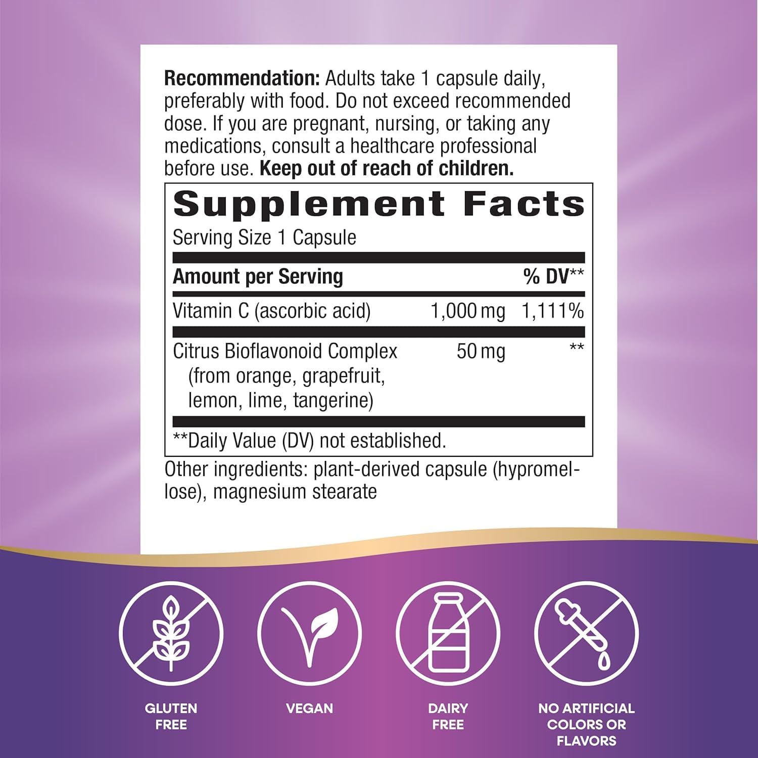 Close-up of Nature's Way Vitamin C capsules showing 1,000 mg per capsule.
