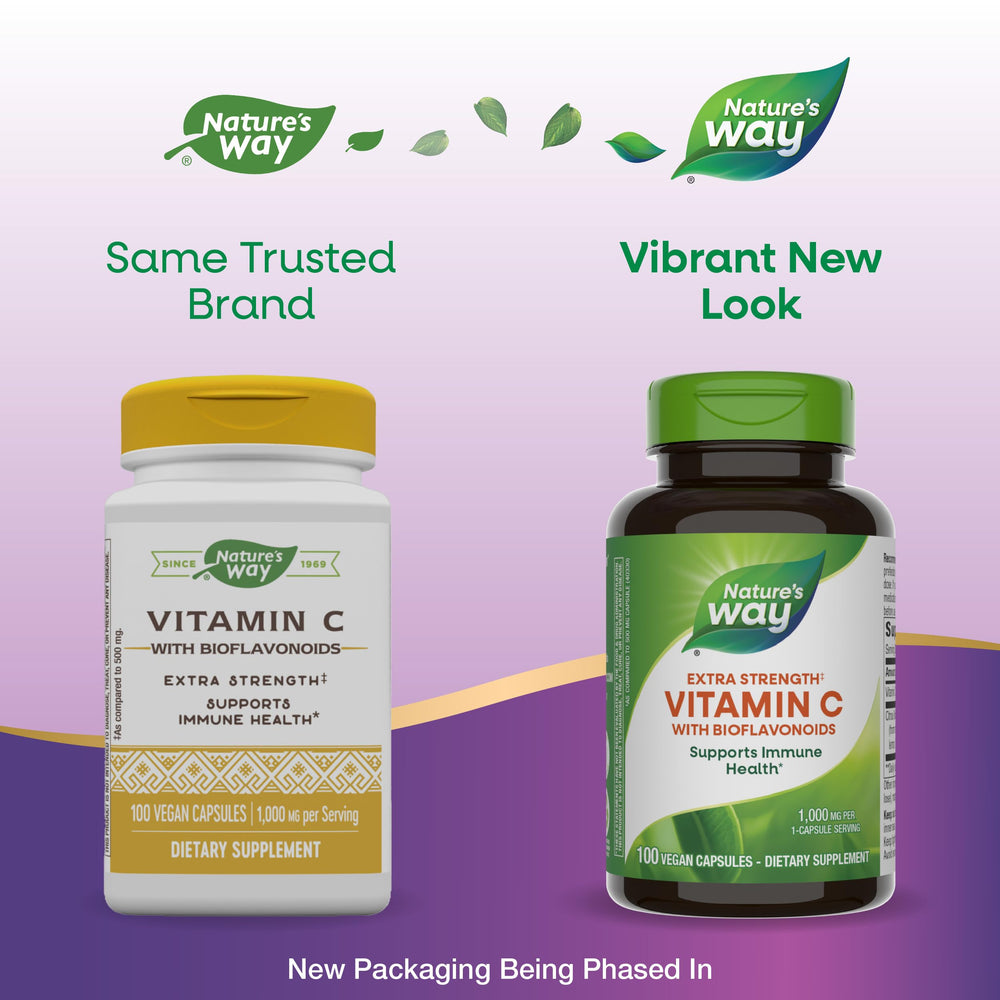 Nature's Way extra-strength Vitamin C label detail emphasizes 1 g per capsule