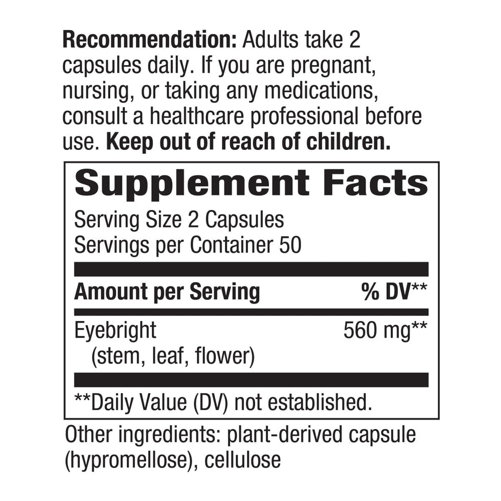 Nature's Way Eyebright packaging label shows 100 vegetarian capsules for convenient supplementation.