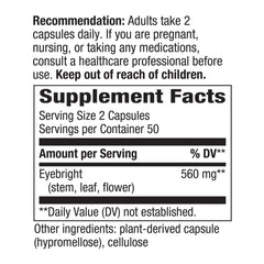 Nature's Way Eyebright packaging label shows 100 vegetarian capsules for convenient supplementation.