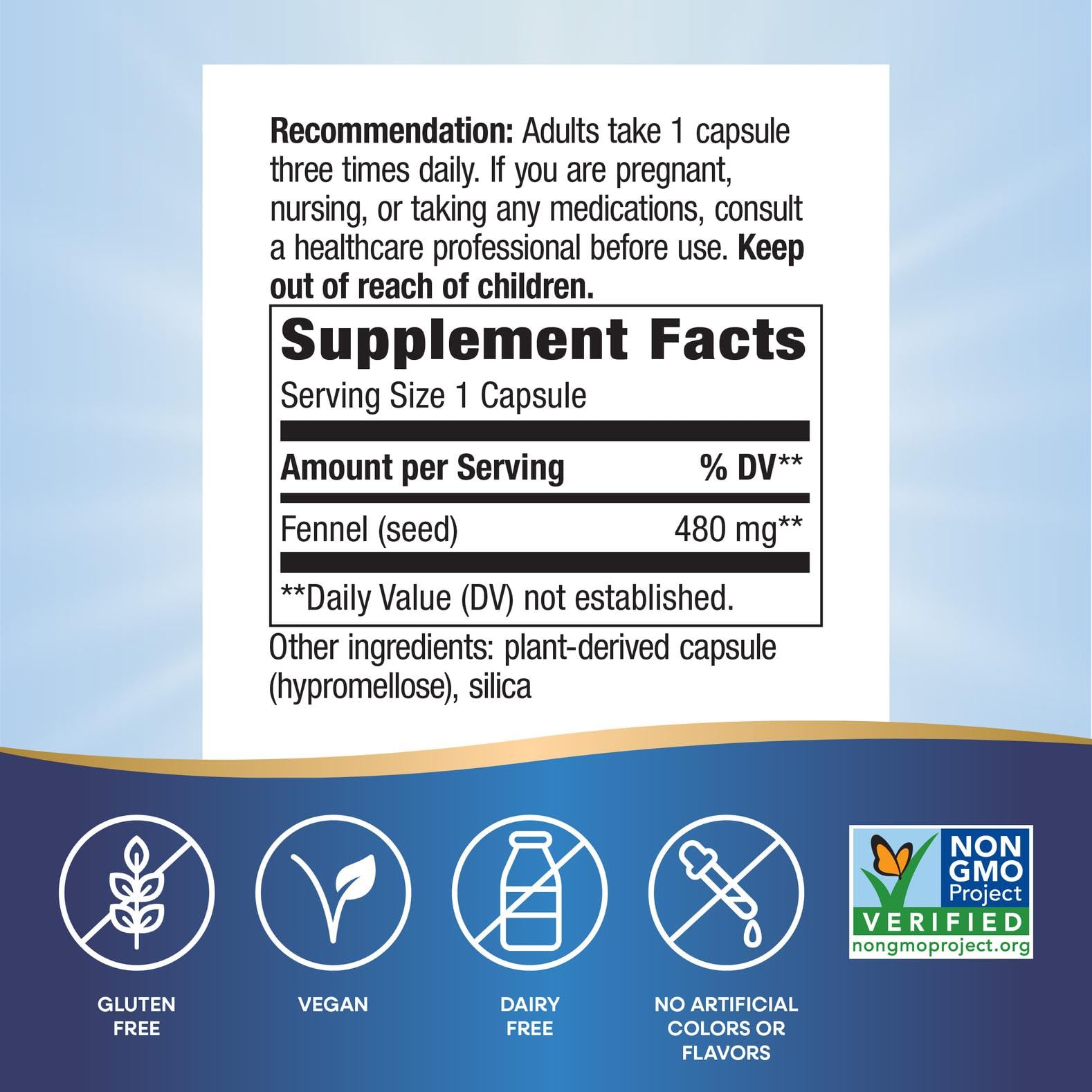 Close-up of fennel seed capsules highlighting 480 mg per serving for daily use.