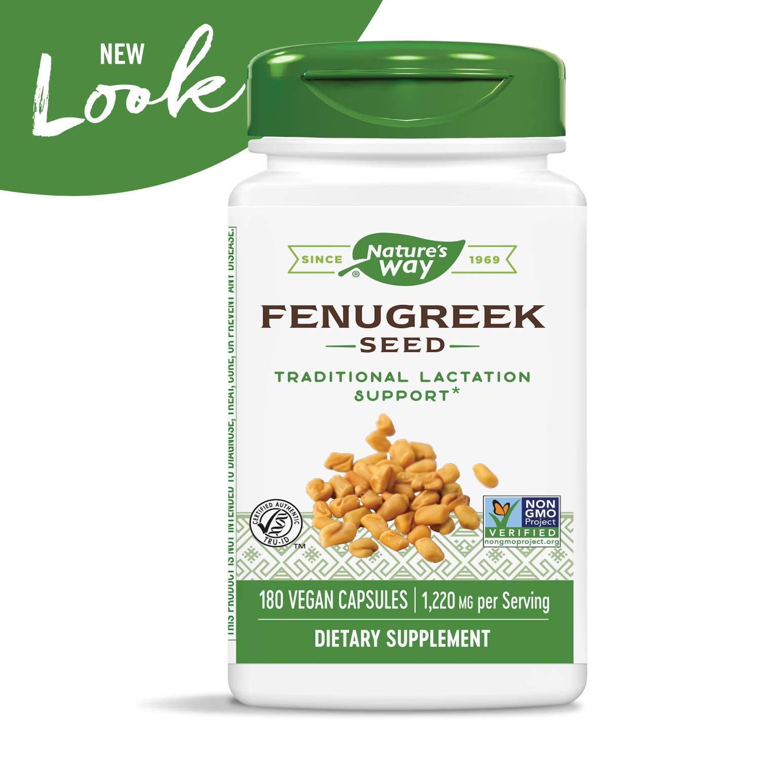 Close-up of Nature's Way fenugreek seed label with dosage details.