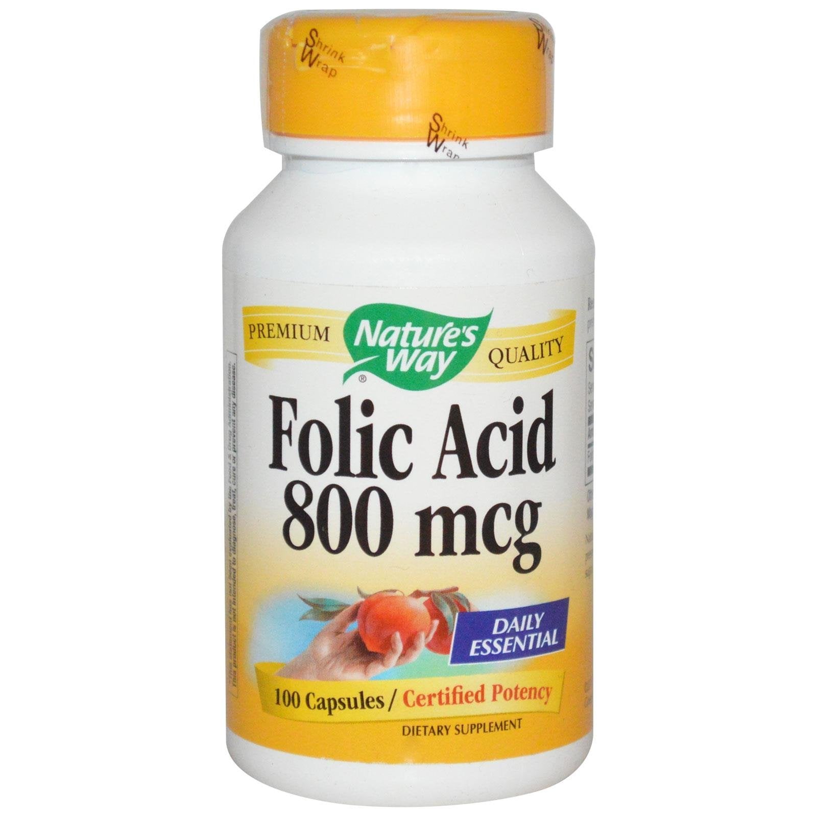 Nature's Way folic acid 800mcg bottle supports daily tissue growth and DNA synthesis