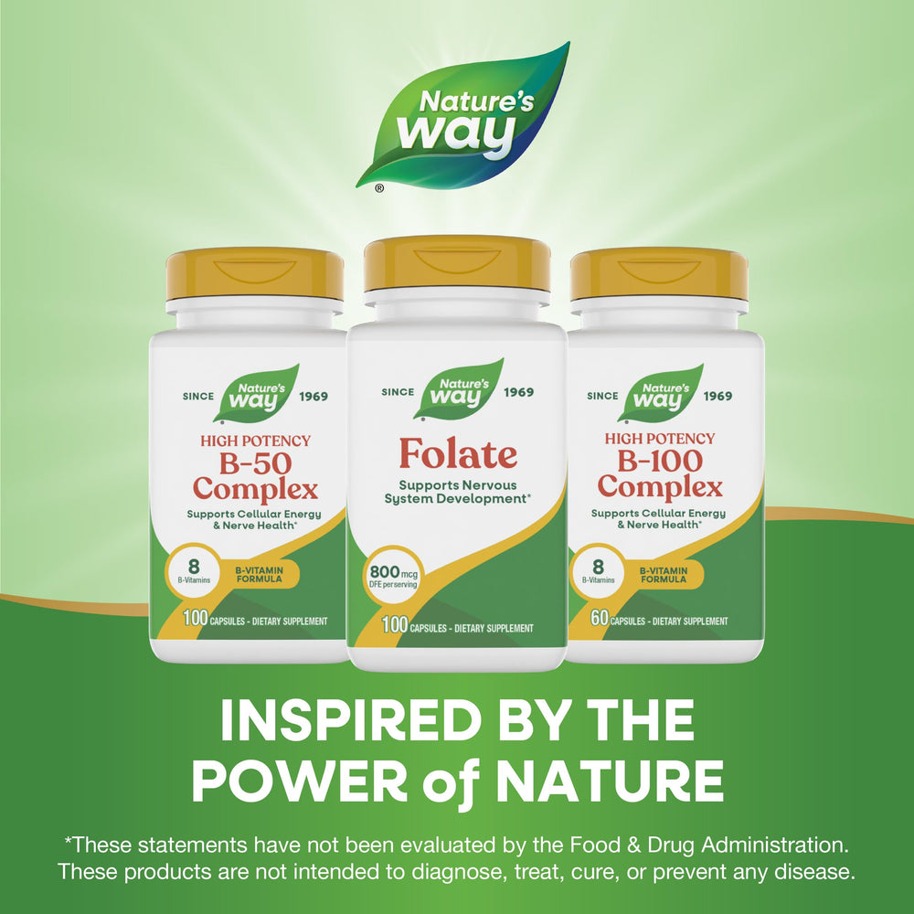 Nature's Way Folic Acid capsules beside a glass of water for daily health