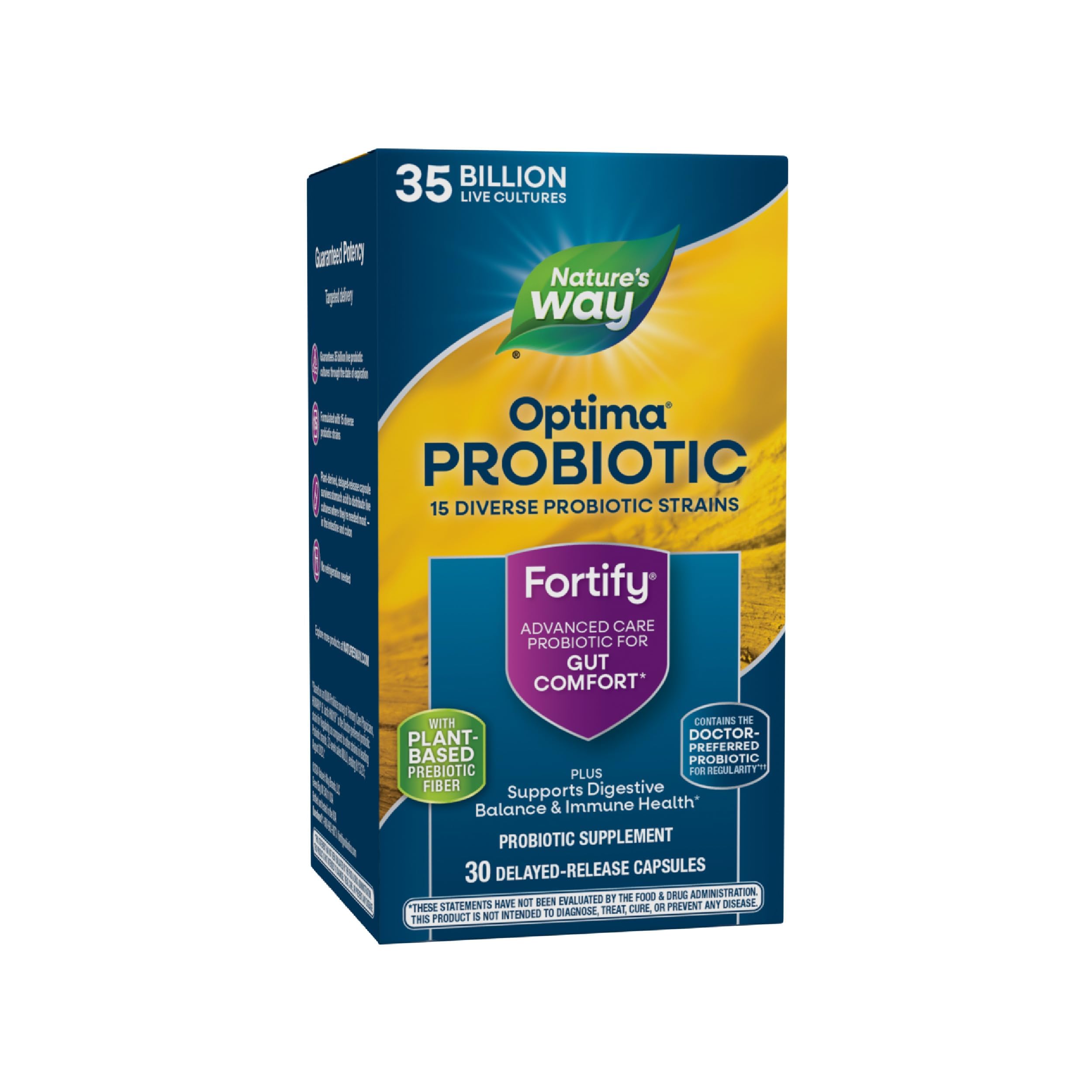 Nature's Way Fortify Optima bottle front shows daily probiotic for gut balance.