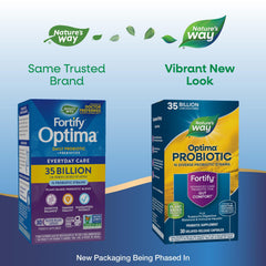 Nature's Way Fortify Optima bottle side highlights dosage and shelf stability.