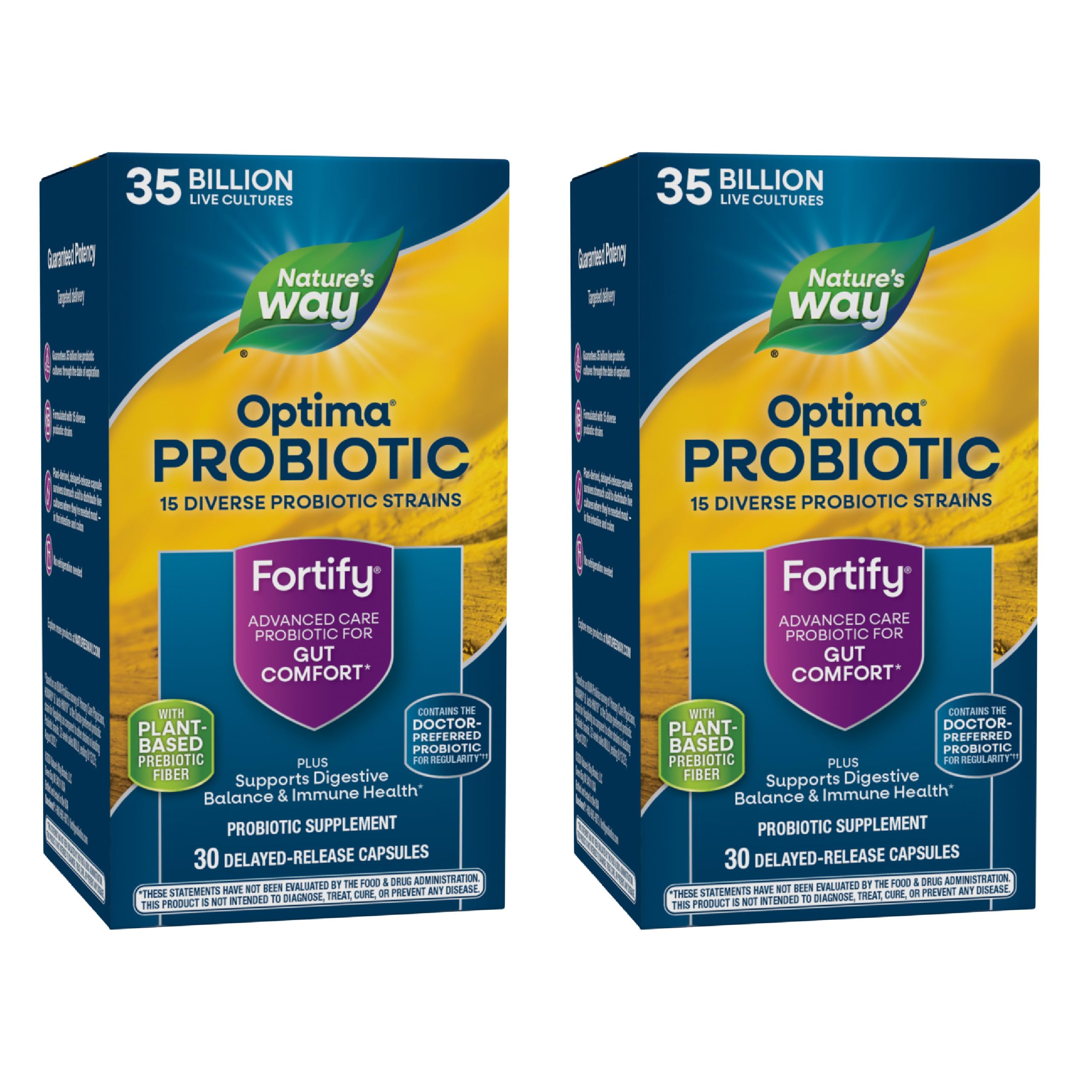Nature's Way Fortify Optima probiotic bottle shows 30 capsules for daily balance.