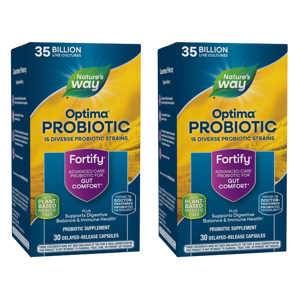 Nature's Way Fortify Optima probiotic bottle shows 30 capsules for daily balance.
