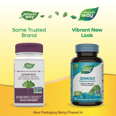 Nature's Way Ginkgo capsules close-up suggests convenient daily memory support.