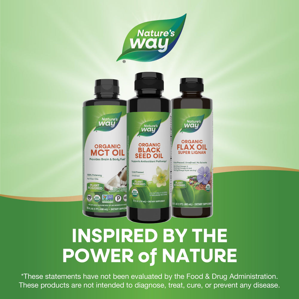 Gluten-free and vegan icons beside Nature's Way Organic Black Seed Oil.