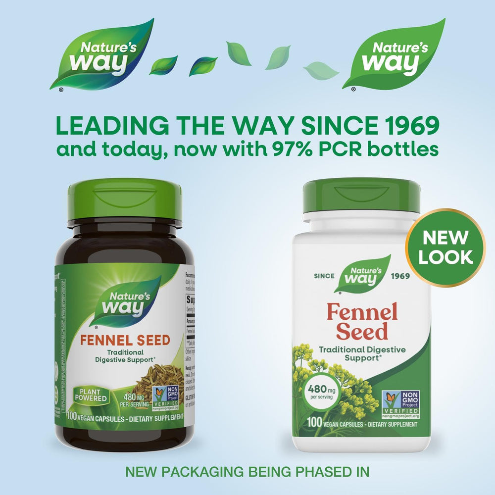 Label confirms gluten-free and vegan ingredients in Nature's Way fennel seed capsules.