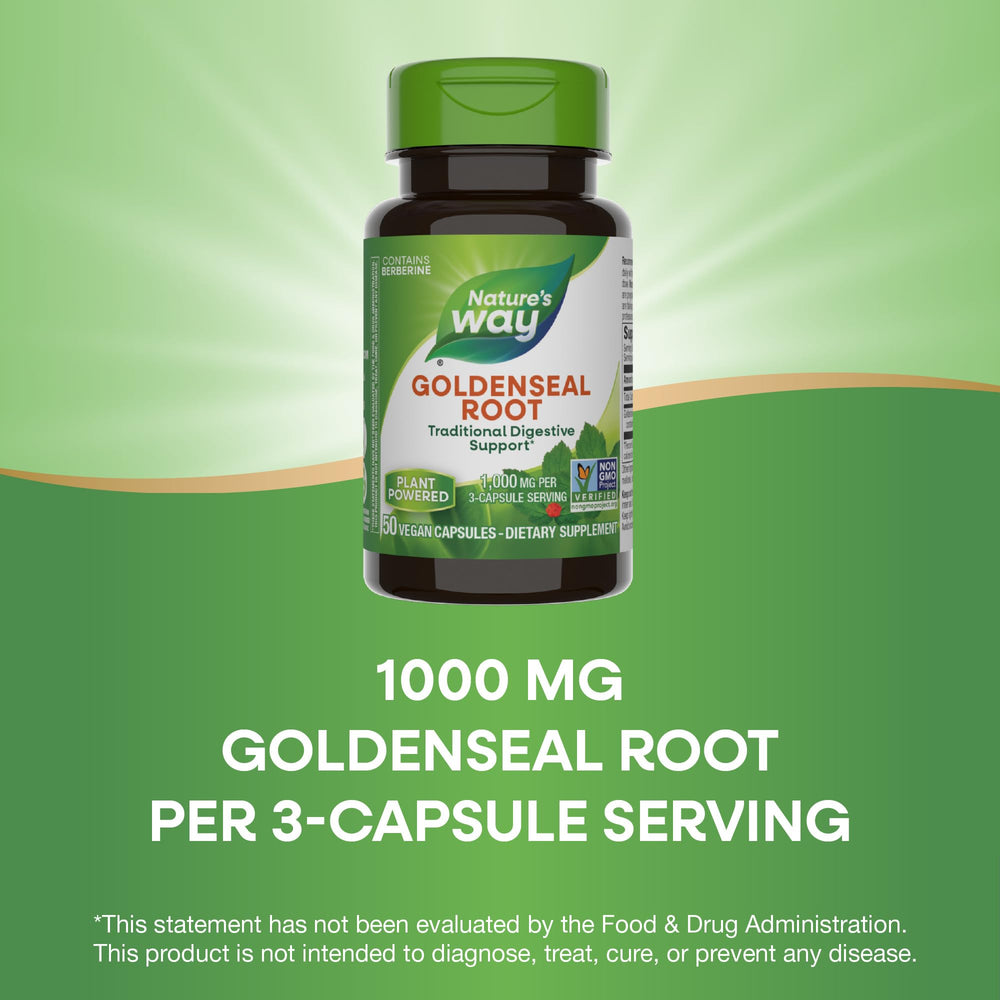 Vegan and gluten-free badge visible on Nature's Way Goldenseal Root packaging