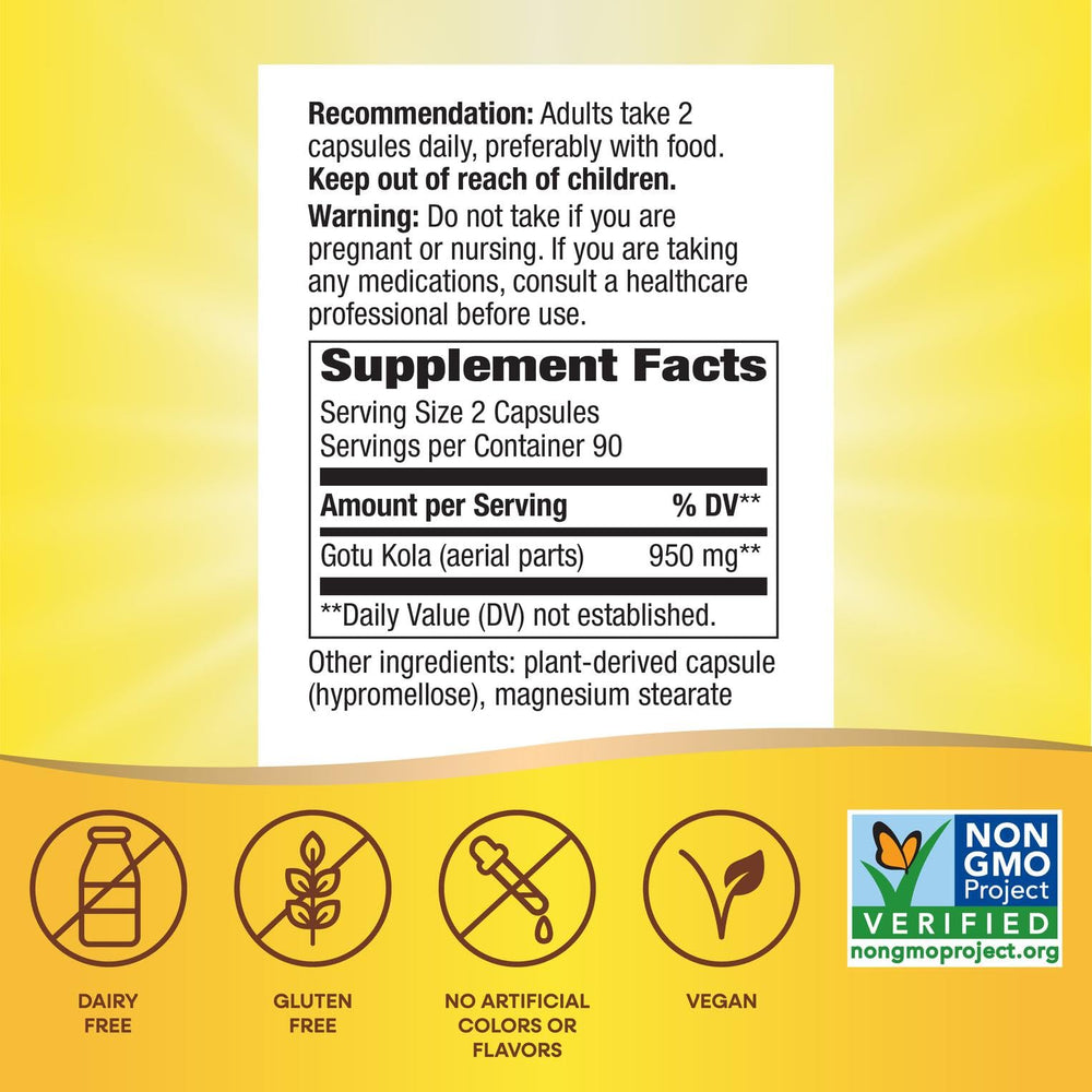 Nature's Way Gotu Kola packaging emphasizes vegan, non-GMO features.