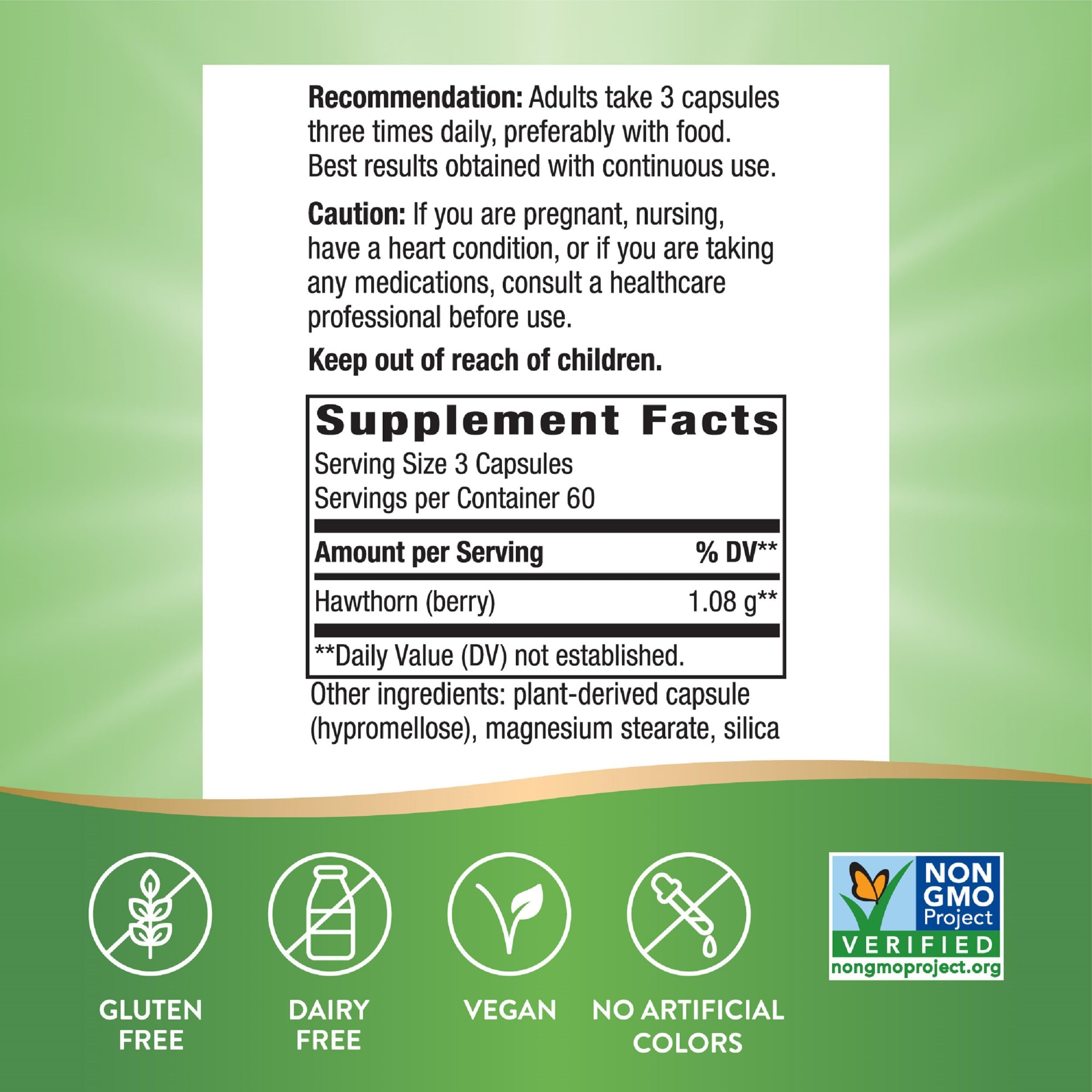 Nature's Way Hawthorn Berries bottle label close-up highlights gluten-free and Non-GMO verification.