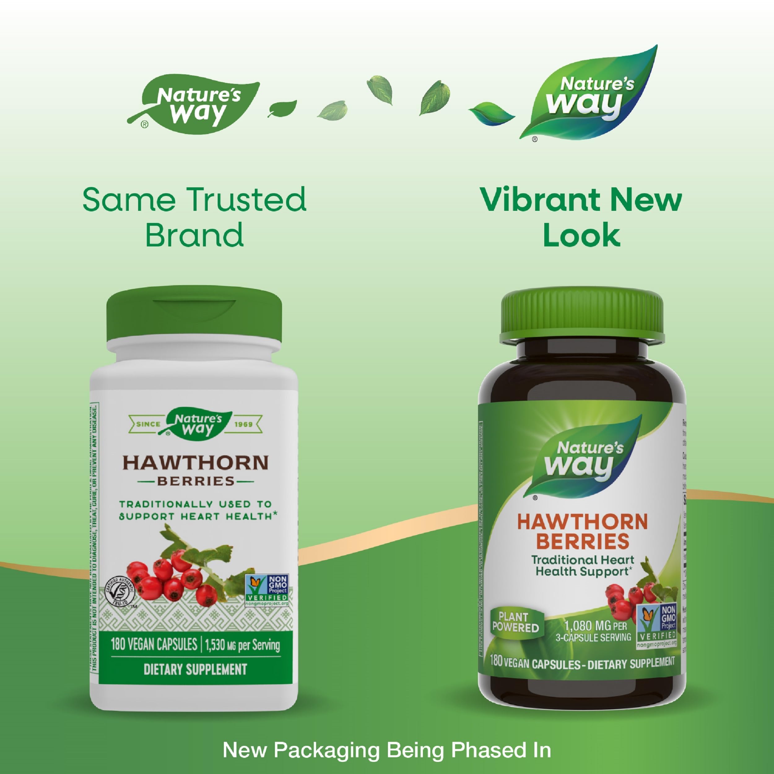 Nature's Way Hawthorn Berries capsules displaying a three-capsule serving option for daily use.