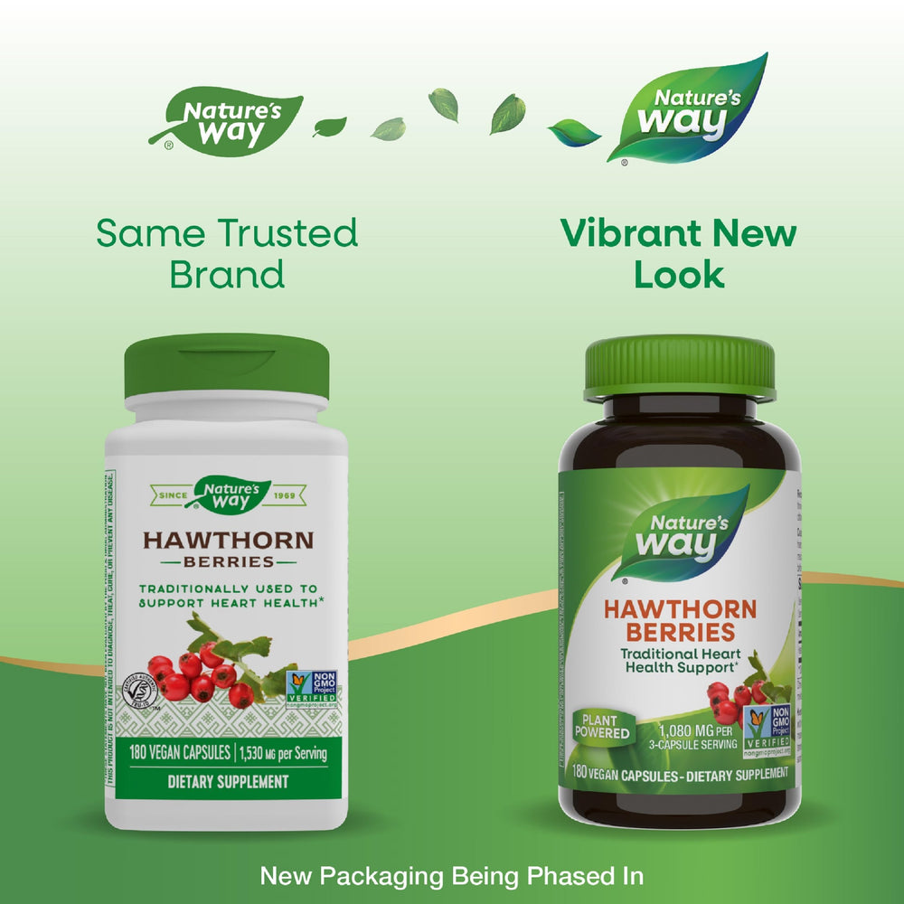 Nature's Way Hawthorn Berries capsules displaying a three-capsule serving option for daily use.