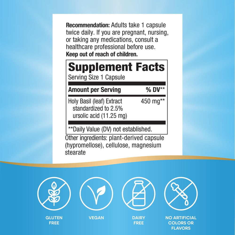 Lifestyle scene with Holy Basil capsules for daily use.