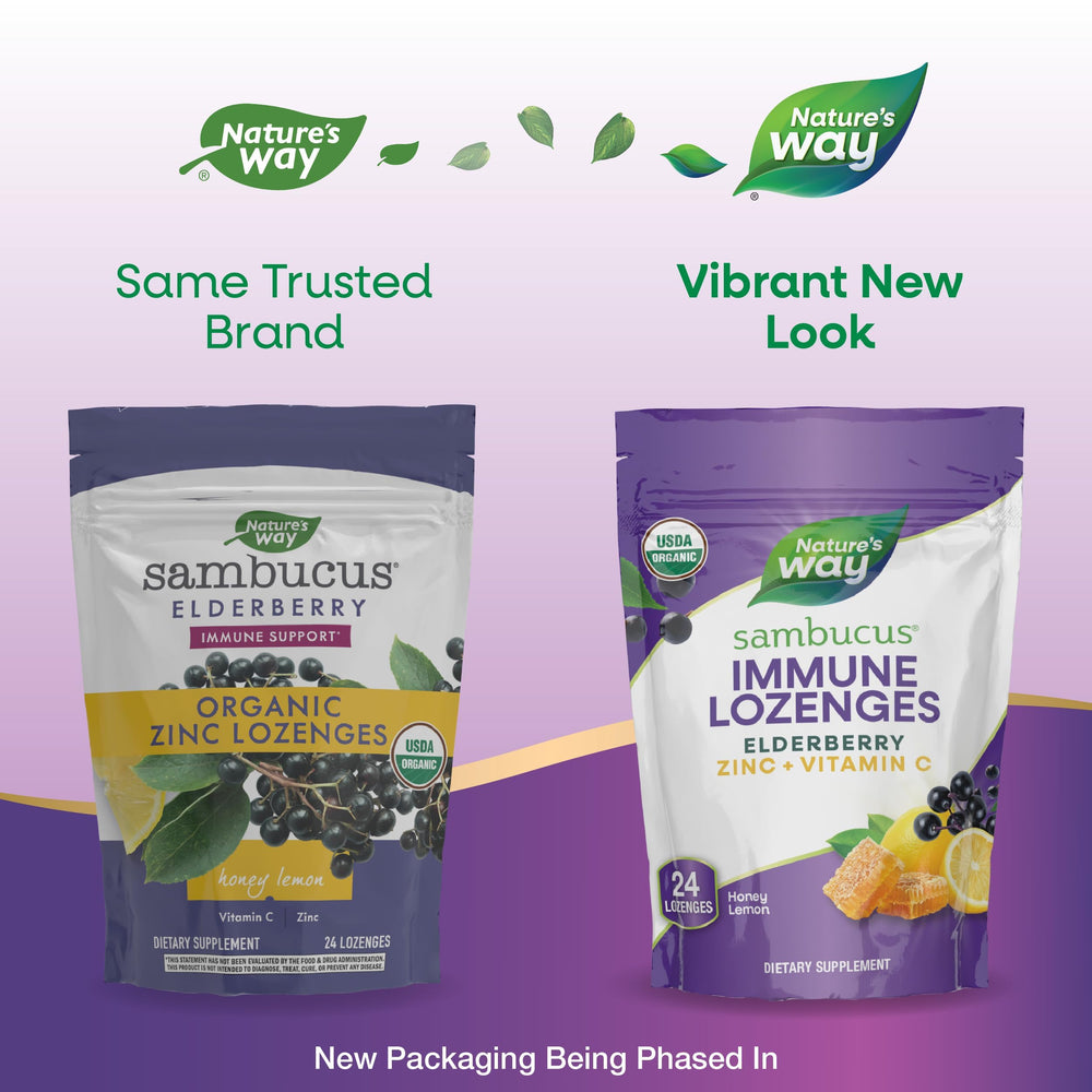 Nature's Way Sambucus honey lemon flavor label highlights taste.