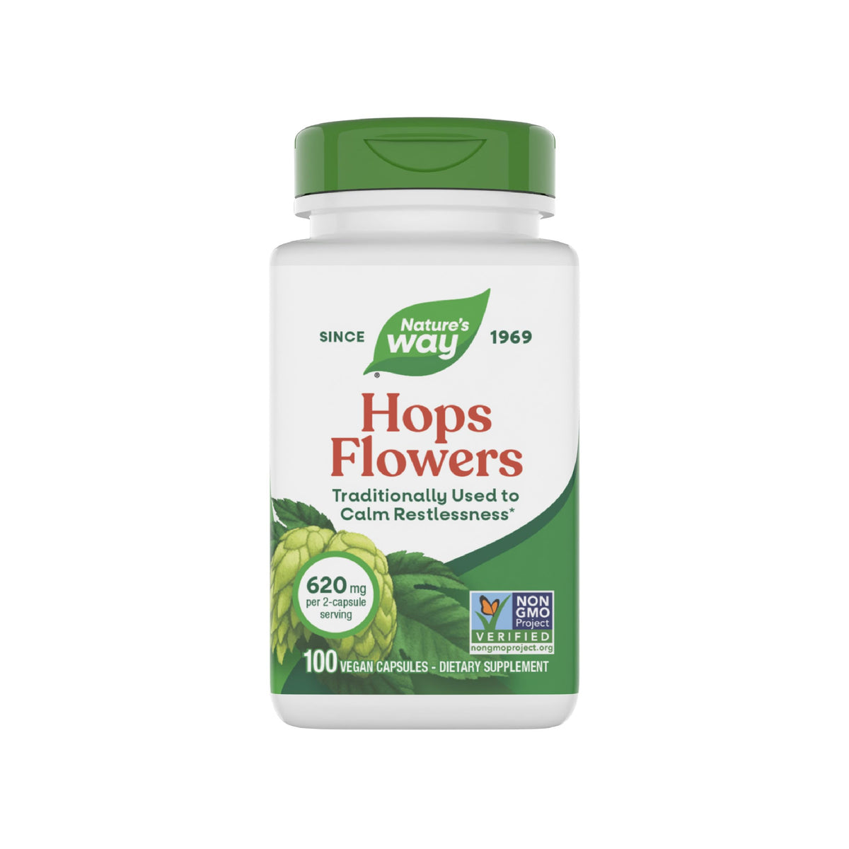 Nature's Way Hops Flowers bottle showcasing a traditional calming aid for evenings