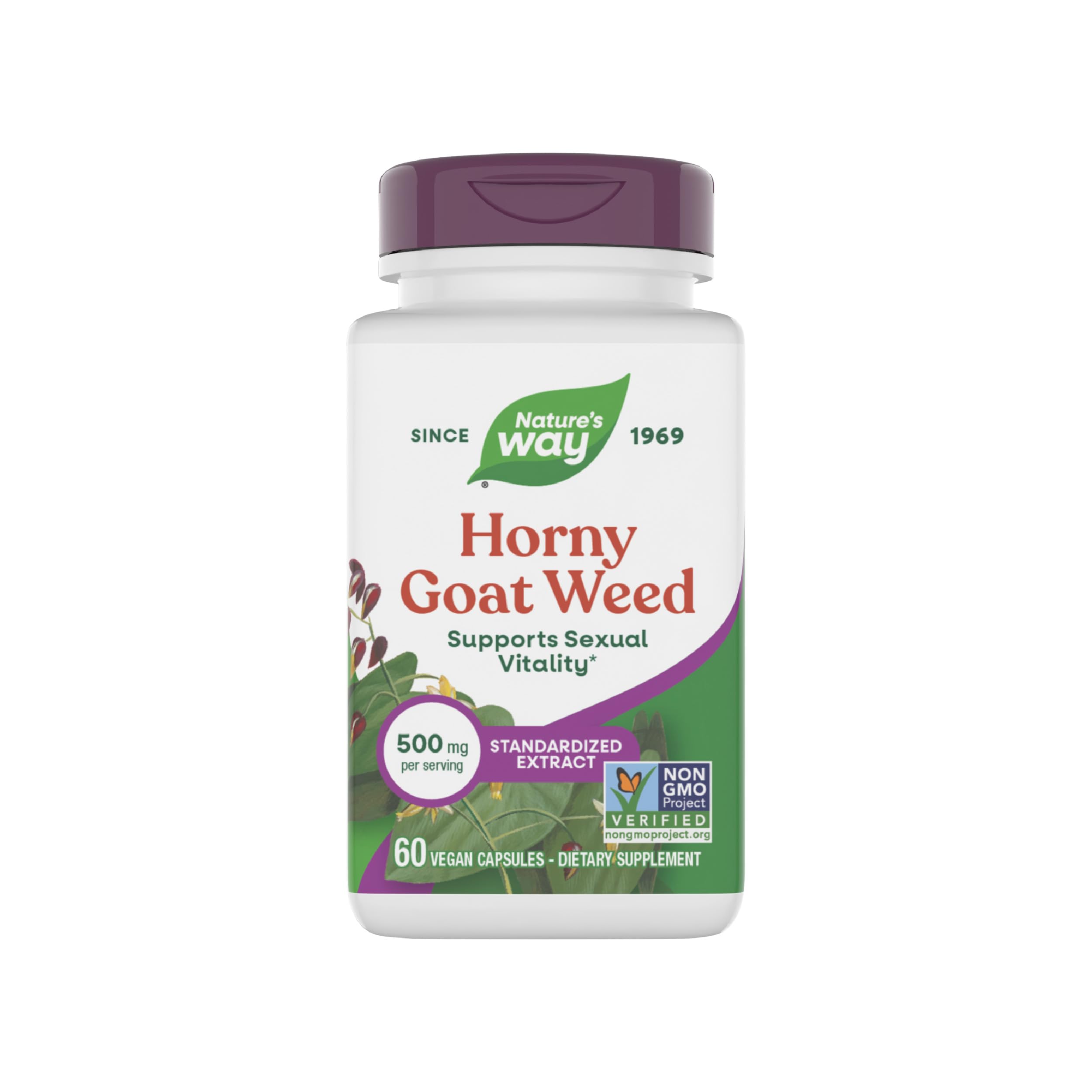 Nature's Way Horny Goat Weed Premium Extract bottle—vegan, non-GMO capsules for vitality support