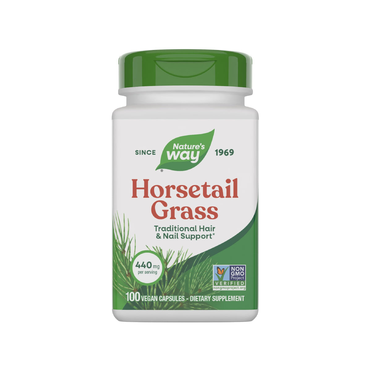 Nature's Way Horsetail Grass bottle showcases vegan, non-GMO formula for hair and nail support.
