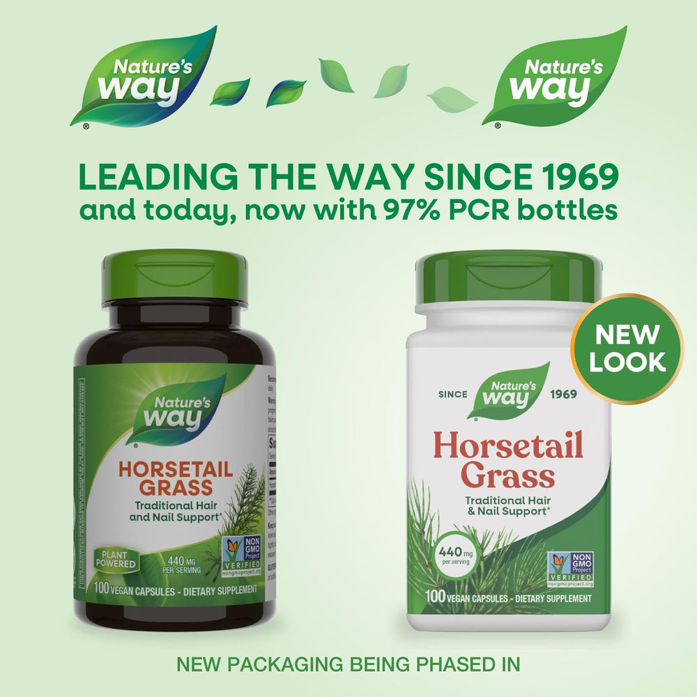 Nature's Way Horsetail Grass label highlights traditional hair and nail support.