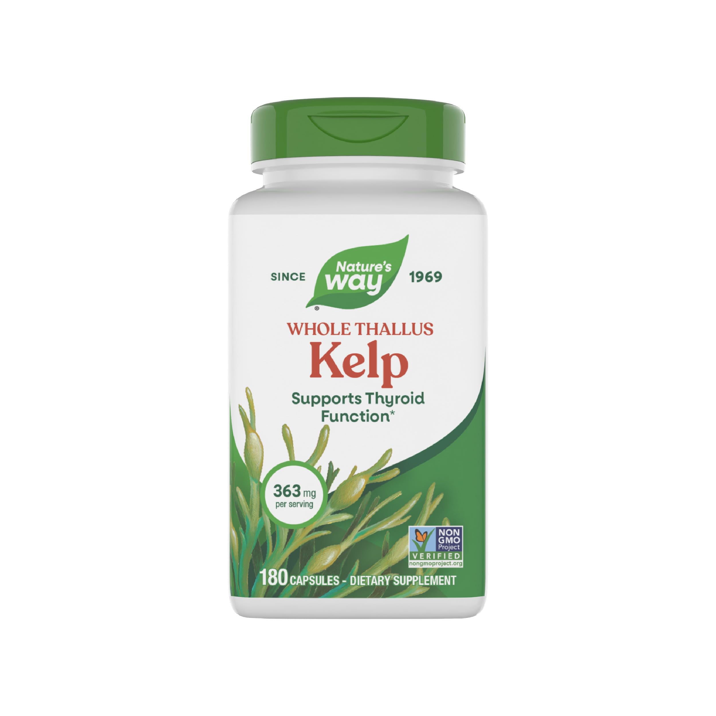 Nature's Way Kelp bottle and capsules for daily iodine source