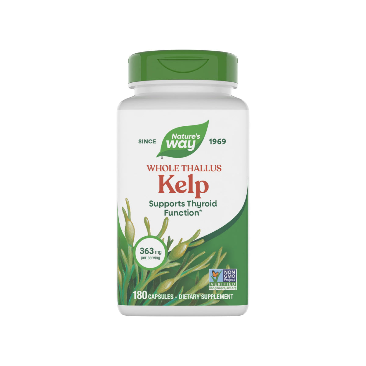 Nature's Way Kelp bottle and capsules for daily iodine source