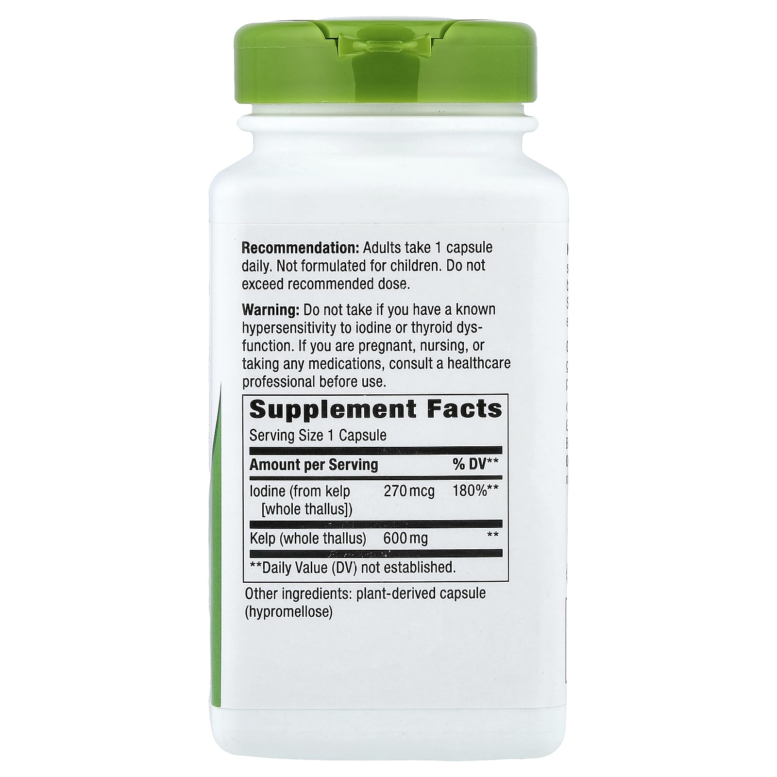 Nature's Way Kelp bottle back label; two 180-capsule bottles for routine use