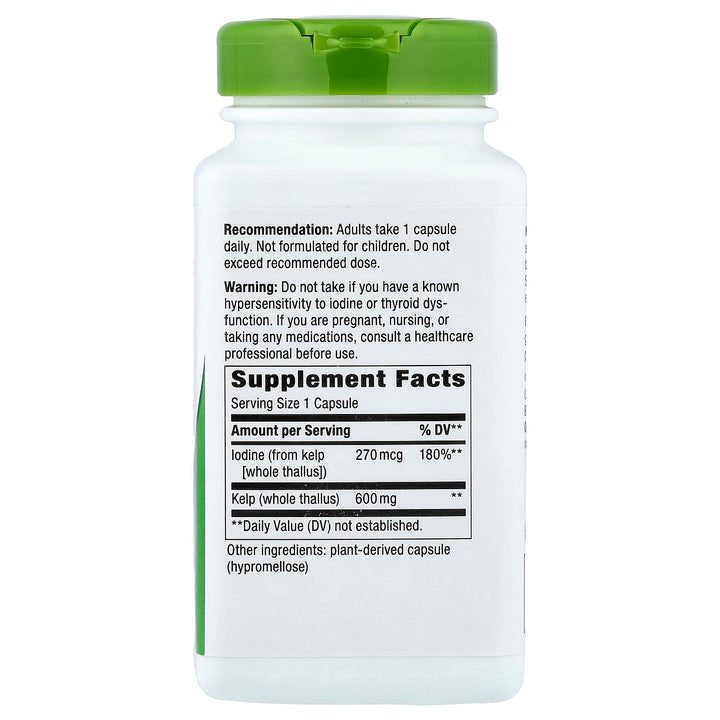 Nature's Way Kelp bottle back label; two 180-capsule bottles for routine use