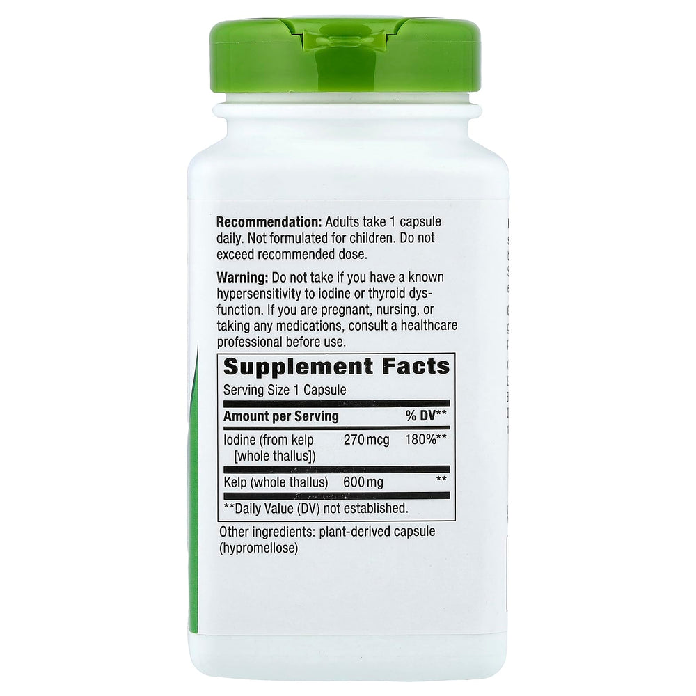 Nature's Way Kelp bottle back label; two 180-capsule bottles for routine use