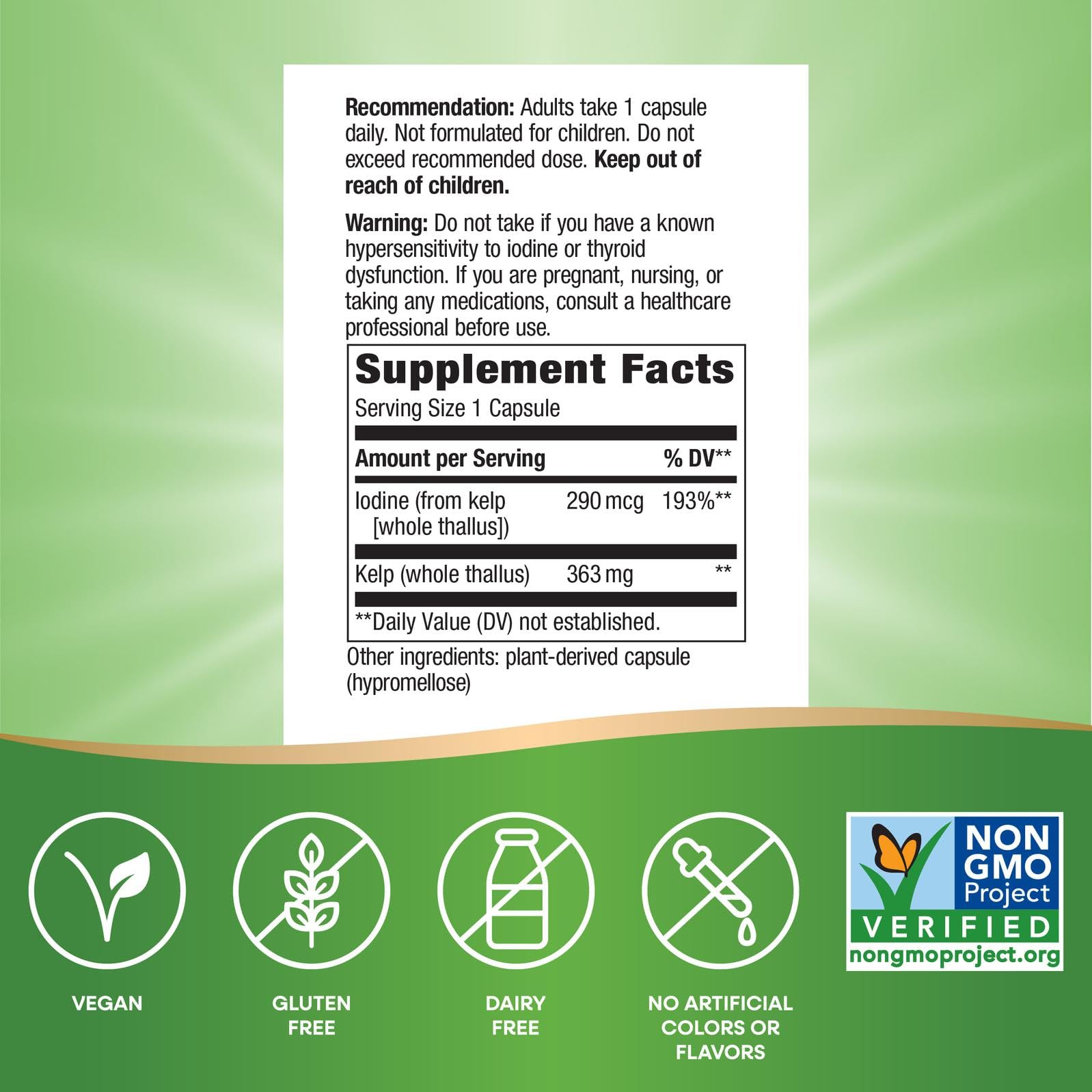 Gluten-free vegan Nature's Way Kelp with non-GMO verification label