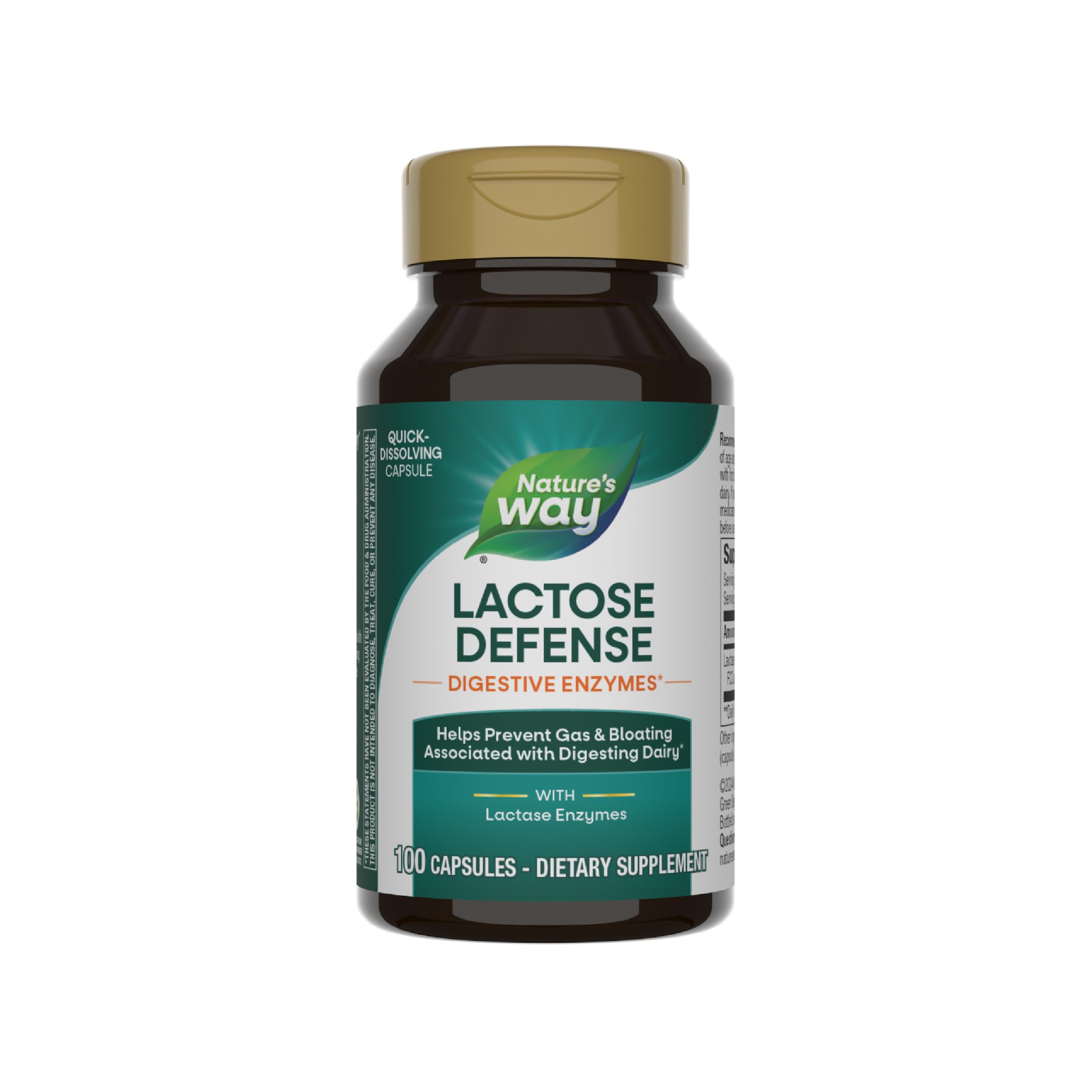 Nature's Way Lactose Defense bottle and capsules aids dairy digestion.