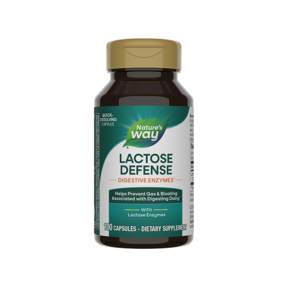Nature's Way Lactose Defense bottle and capsules aids dairy digestion.