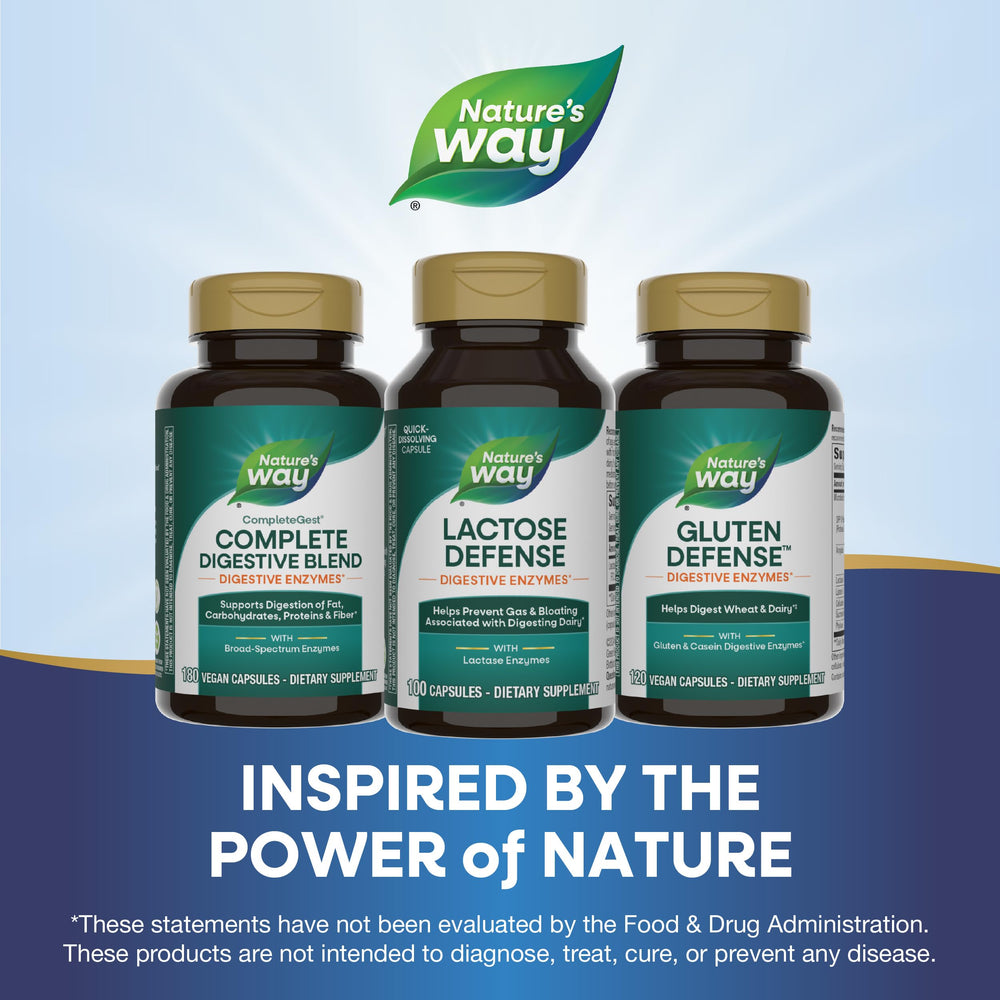 Nature's Way Lactose Defense box with capsules beside dairy foods.