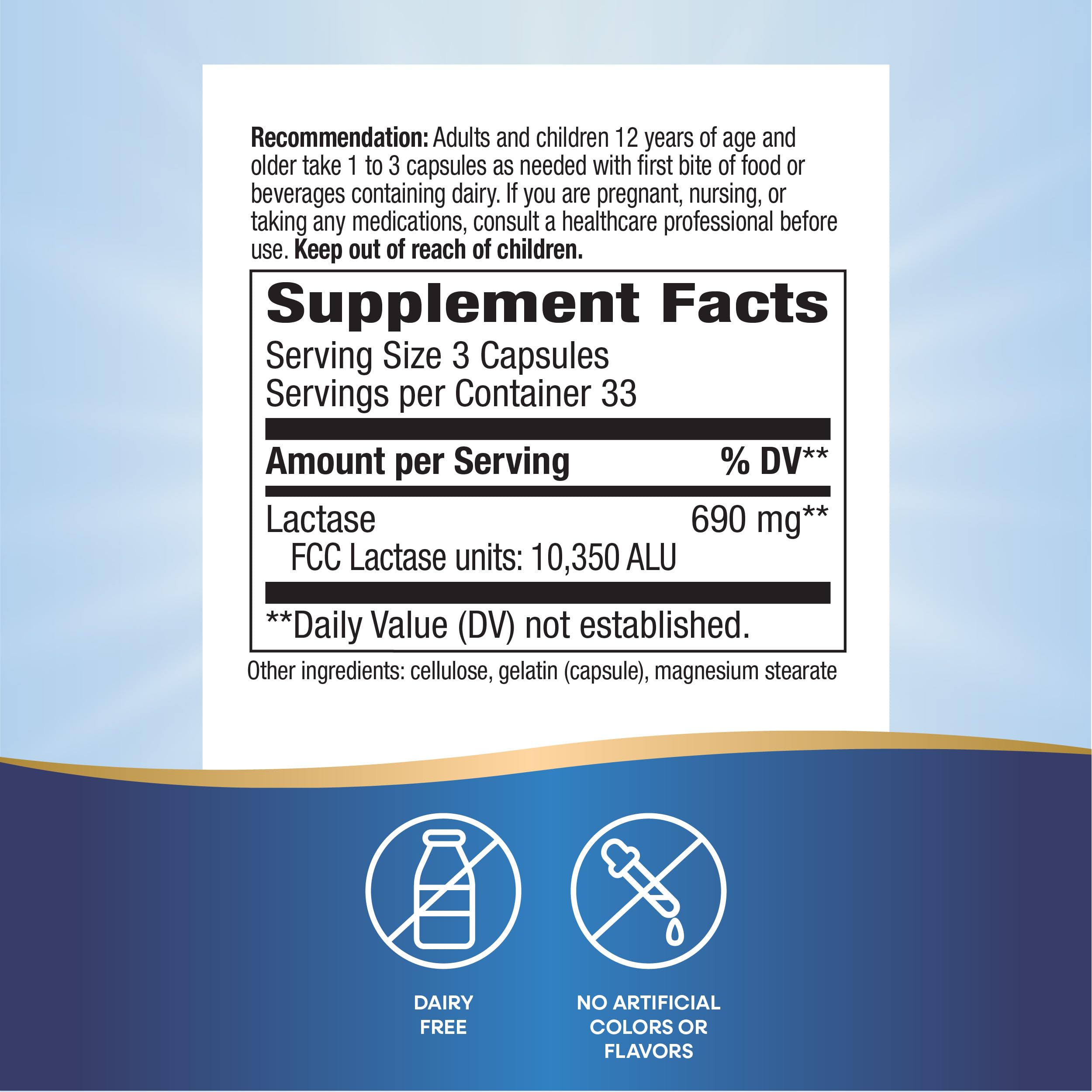 Nature's Way Lactose Defense serving size shows 3 capsules.