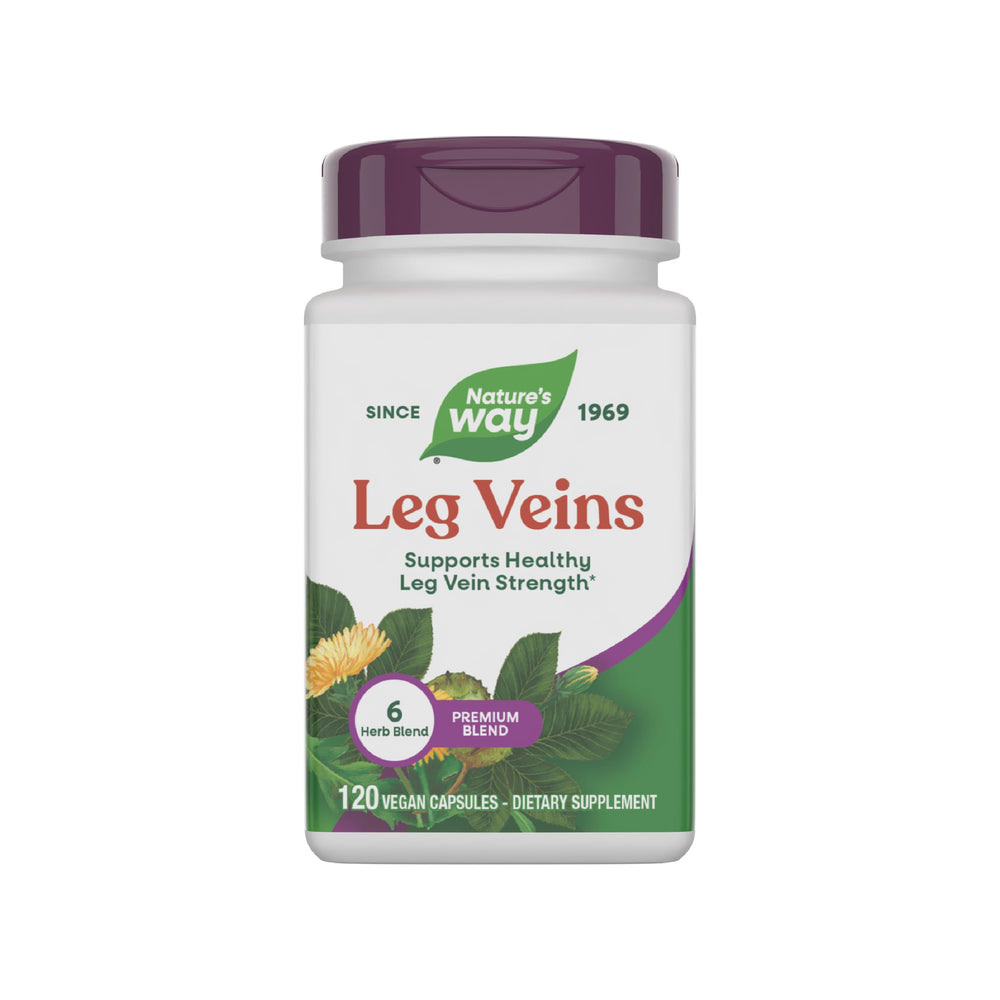 Nature's Way Leg Veins bottle with six-herb blend may support leg vein strength.