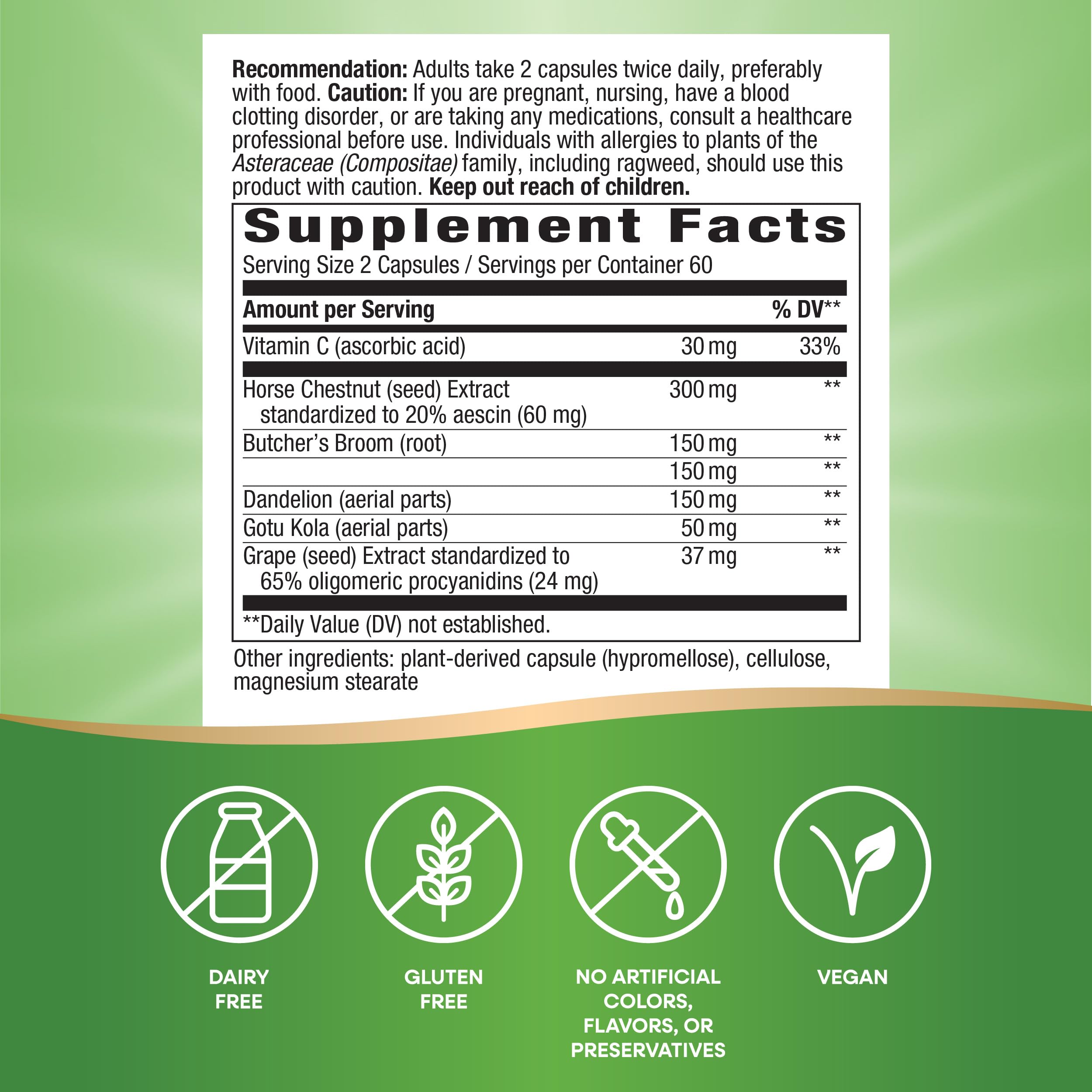 Nature's Way Leg Veins capsules closeup highlighting the six-herb blend