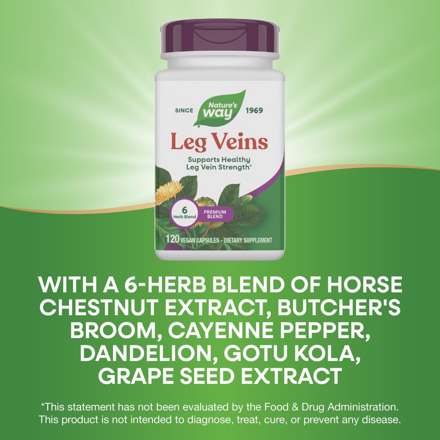 Nature's Way Leg Veins capsules show gluten-free vegan composition for daily wellness support.