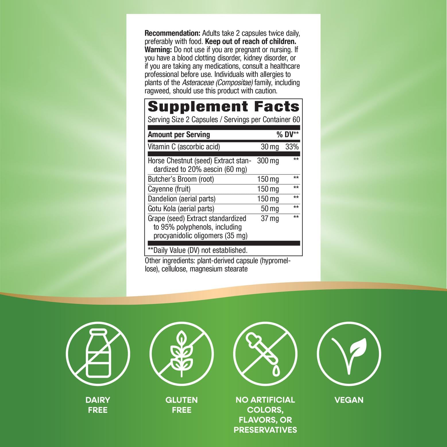 Nature's Way Leg Veins ingredients layout highlights horse chestnut and botanicals that may support circulation.