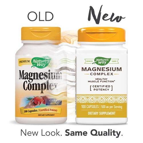 Nature's Way Magnesium Complex capsules pour, convenient daily intake for calm energy