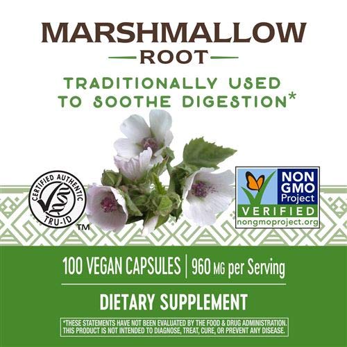Nature's Way Marshmallow Root ingredients panel and capsule details.
