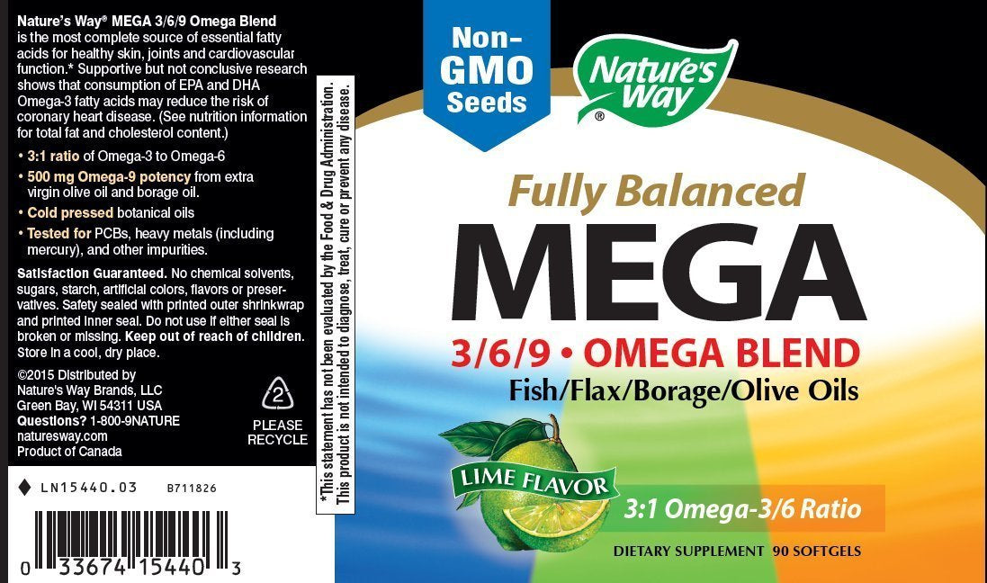 Nature's Way Mega 3/6/9 label front—clear serving size for easy planning.