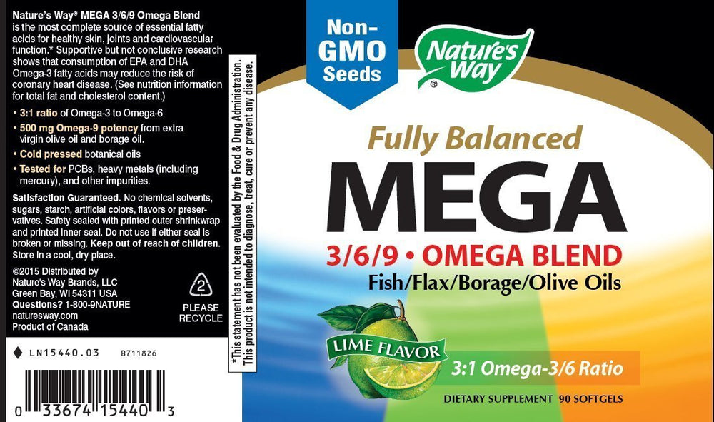 Nature's Way Mega 3/6/9 label front—clear serving size for easy planning.