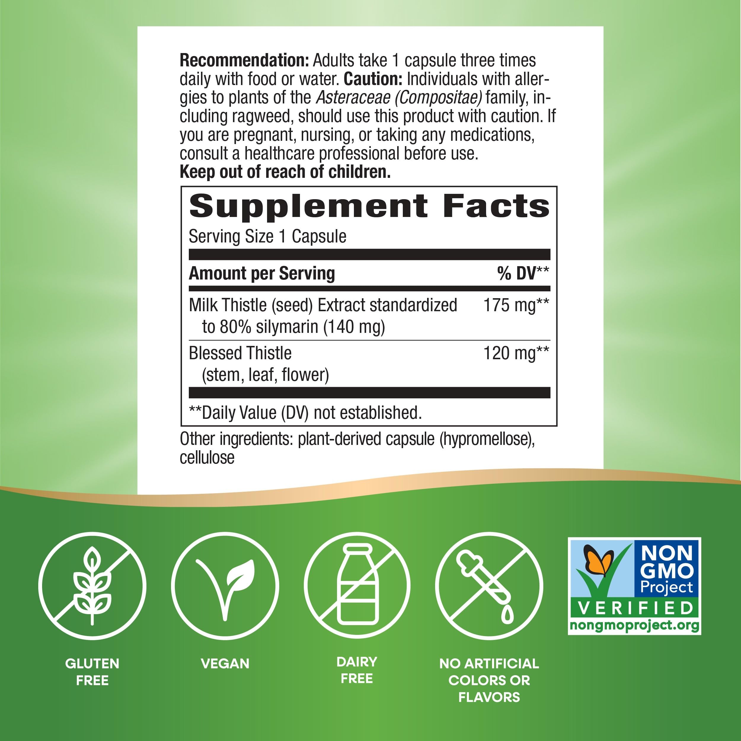 Nature's Way Milk Thistle bottle back label explains ingredients and potency.