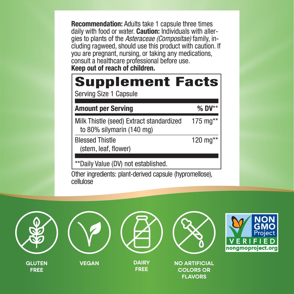 Nature's Way Milk Thistle bottle back label explains ingredients and potency.