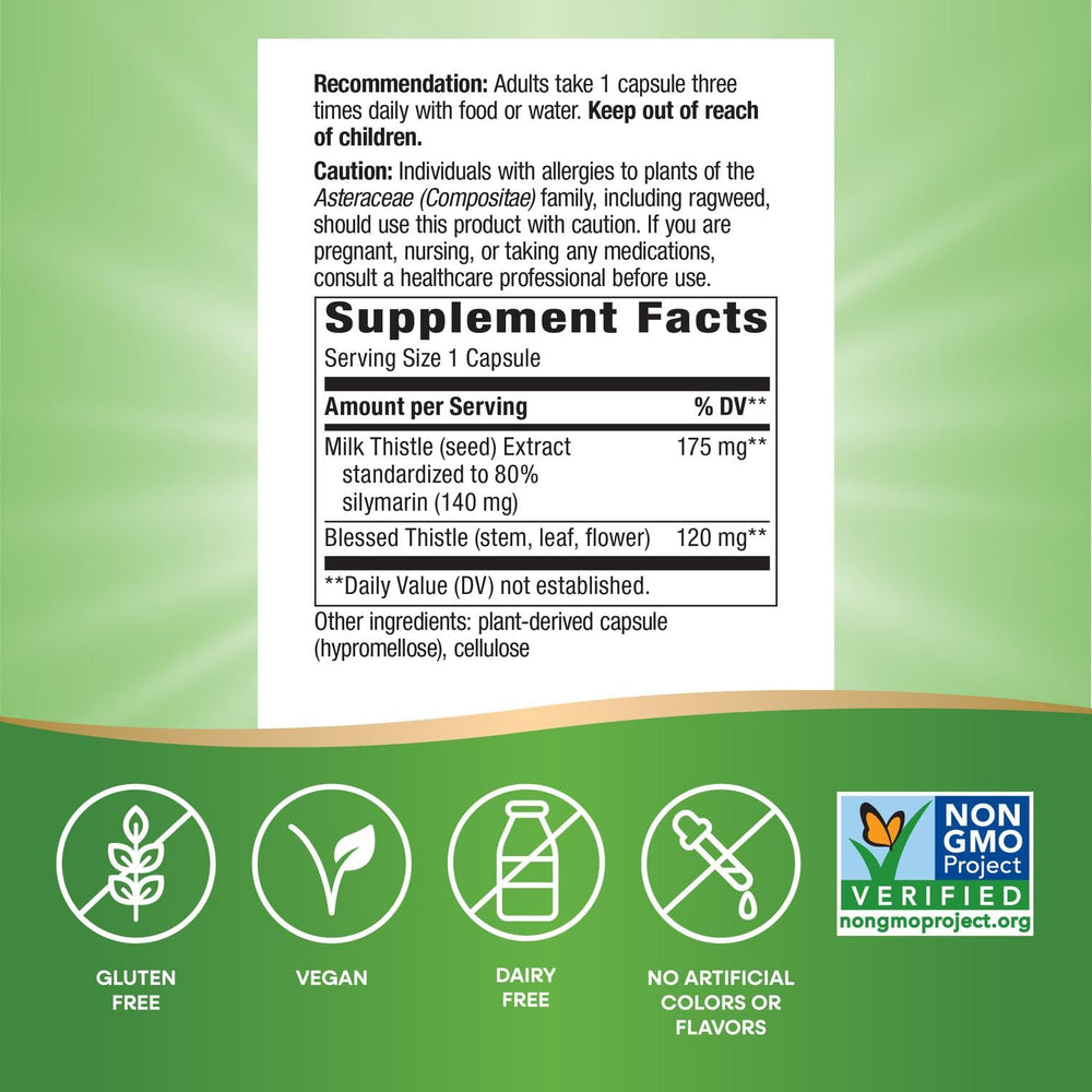 Nature's Way Milk Thistle capsules close-up showing vegan-friendly supplement.
