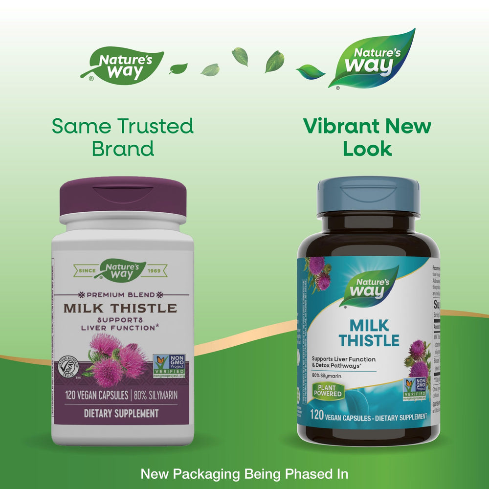 Nature's Way Milk Thistle capsules closeup for simple daily use.