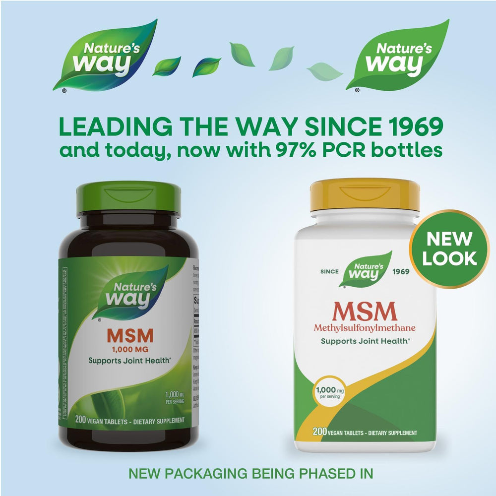 Close-up of Nature's Way MSM 1000mg tablets for daily use.