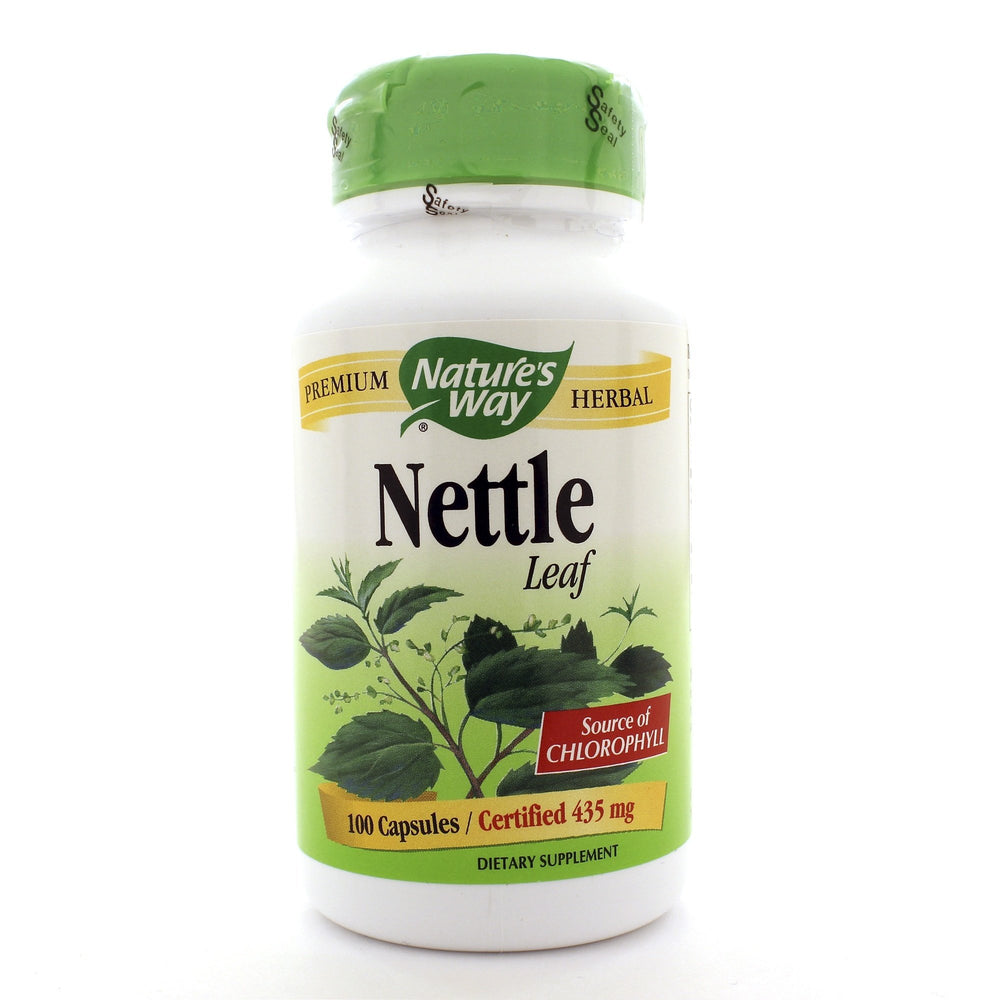 Nature's Way Nettle herb capsules on shelf for daily vitality.